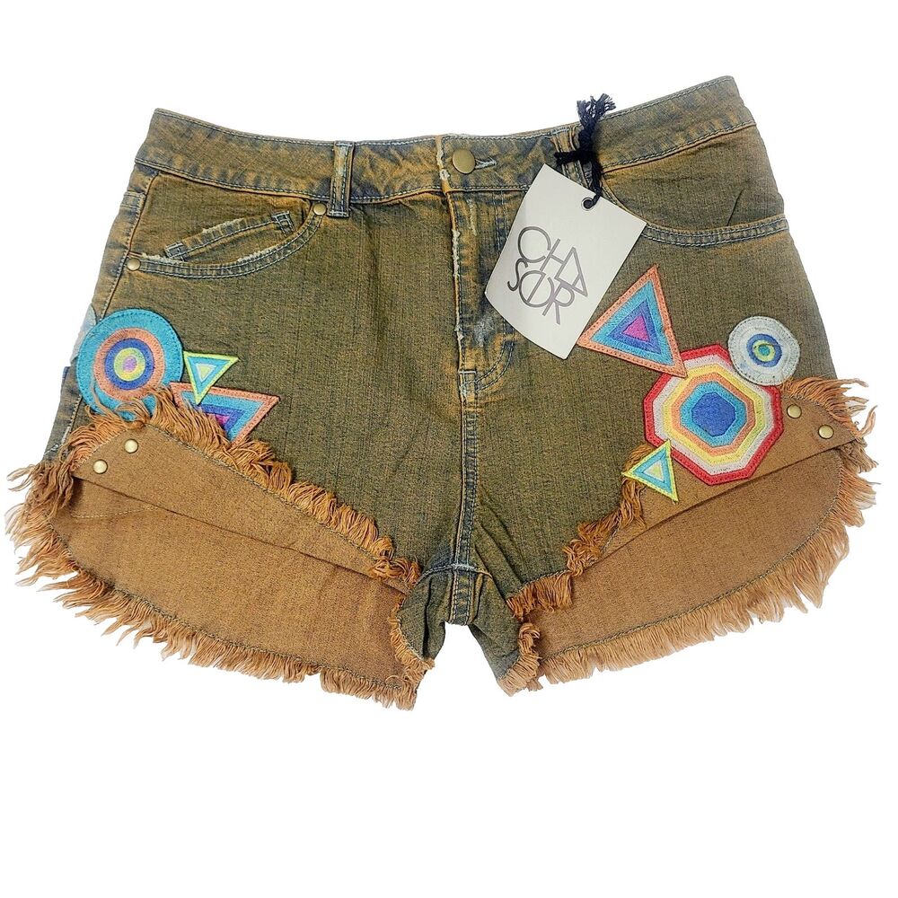 NEW Chaser Jean Shorts 30 Brown Wash‎ Over Blue Embroidered Patches Raw Hem High